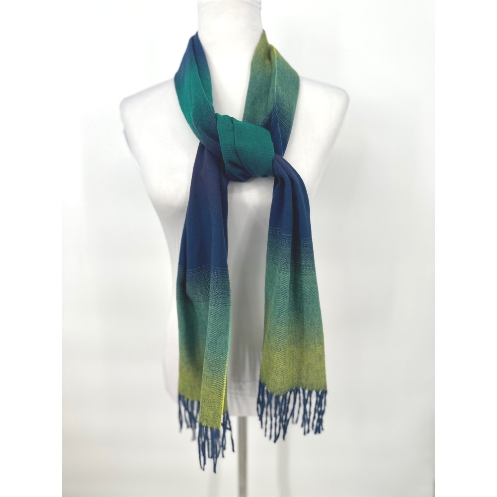 V. Fraas Cashmink Scarf Unisex Blue Green Ombre Fringe Made In Germany 64"11.5"